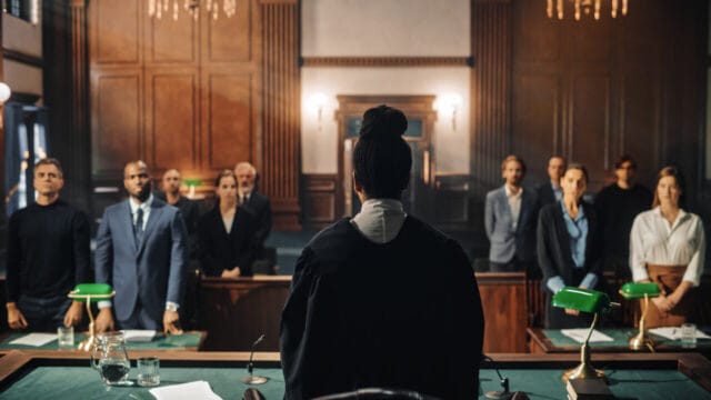 Courtroom seen from behind the judge, with counsel and gallery facing the bench