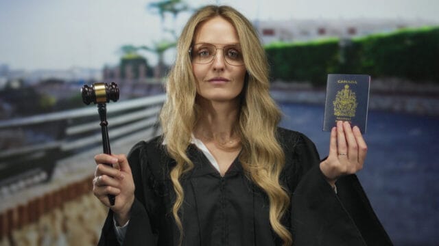 Robed judge holding a gavel in one hand and a credential document in the other