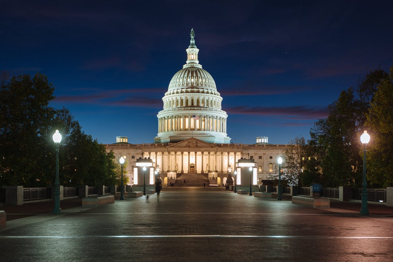 United States Capitol building illuminated at dusk
